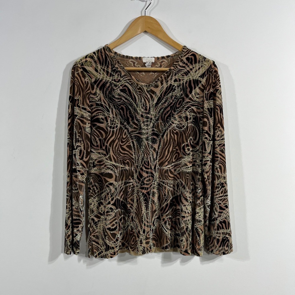 Chicos Brown Animal Print Burnout Velvet Sequin Top Womens Medium Artsy Mature